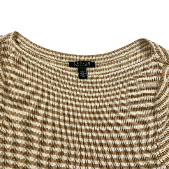 LAUREN RALPH LAUREN Womens Knit Top Large Tan White Striped Cotton Half Sleeve - Picture 2 of 8